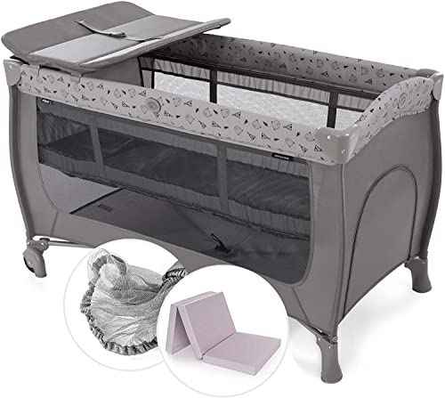 Hauck Baby Reisebett Sleep n Play Center Set mit Komfort Matratze und Insektenschutz - Babyreisebett mit Neugeborenen Einsatz, Wickelauflage, Rollen und Tasche (höhenverstellbar & faltbar) - Grau