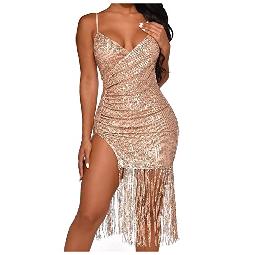 Fransenkleid,Damen Sexy Ärmellos Quaste Bodycon Mini Tanzkleid Pailletten Latin Tanz Ballsaal Kleider Club Outfits Paillettenkleid mit Quasten Sommer Fransenkleid Glitzer Kleid Rückenfrei Glitzerklei