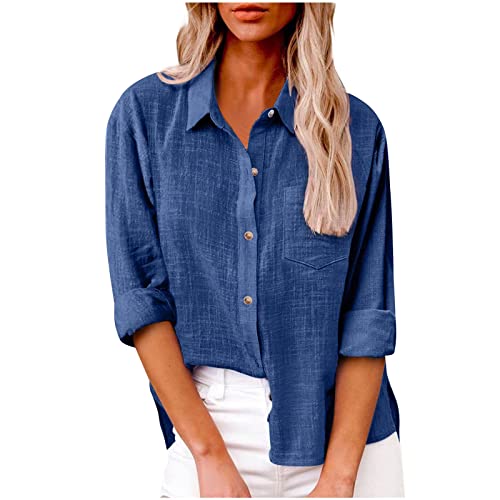 Damenblusen Elegant,Elegante Damen Bluse Aus Leinen, Langarm, Knopfverschluss, Freizeit, Atmungsaktiv(02-Dunkelblau,M)