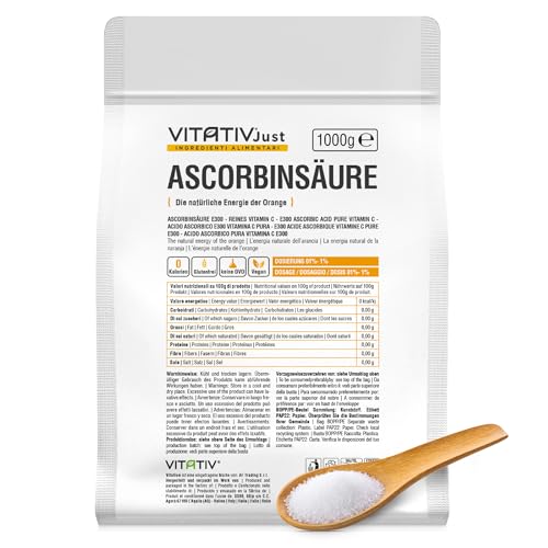 Reine Ascorbinsäure Vitamin C VITATIV JUST 1kg | L-Ascorbinsäure E300 Pulver | Pharma-Klasse 1000g
