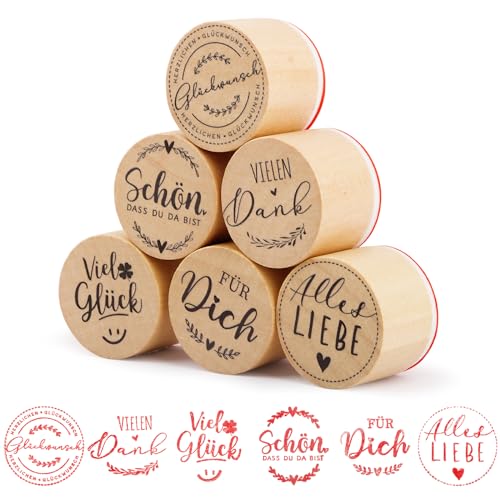 BETESSIN 6Pcs Stempel Holz Vielen Dank Holzstempel zum Basteln Viel Glück Glückwunsch Stempelset Holz Deutsch Sprüche Motivstempel Rund für Kartenbasteln Scrapbooking Bullet Journal