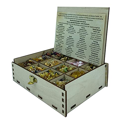 Heilkräuter Manufaktur Räucherbox Geschenkbox mit 12 Sorten Räuchermischungen Rituale im Jahreskreis, Jahreszeiten, 14 x 10 x 4 cm