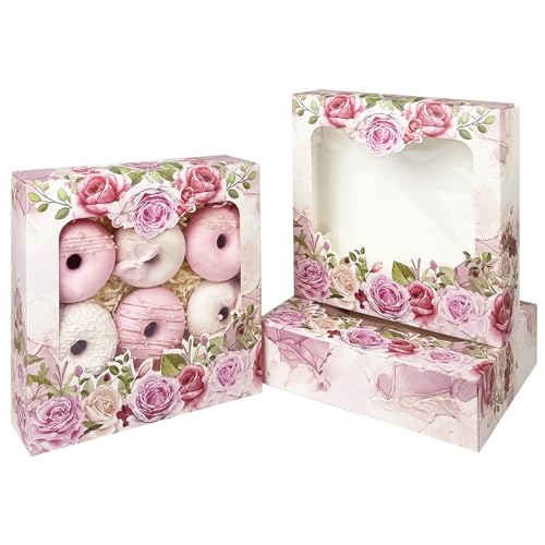 Gcardist Der Muttertag Auto-pop Up Kuchenboxen mit Fenster 25.4 * 25.4 * 6.3cm 12 Stück Rosa Keks-Donut-Bäckerei-Box(10 * 10 * 2.5 inch)