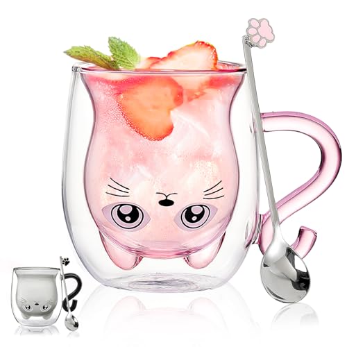 Geschenke für Frauen Doppelwandige Gläser Tasse mit Rosa Katze mit Henkel und Löffel Doppelwandige Kaffeetasse Geschenke für Beste Freundin Espressotasse Becher Valentinstag Geburtstagsgeschenk