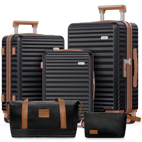 SHOWKOO Kofferset 5 Teilig Leicht Hartschale Erweiterbar 100% Polycarbonate Reisekoffer Große Kapazität Hartschalenkoffer Set Trolley Handgepäck Mit 1 Reisetasche und 1 Kulturbeutel, Elegante Schwarz