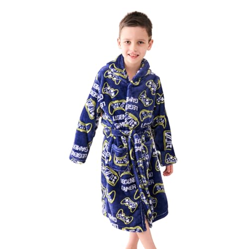 Piefry Weicher Bademantel mit Kapuze für Junge Fleece Morgenmantel Nachtwäsche Kinder (Spieler-Blau, 10-11 Jahre)