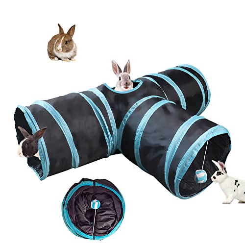 NANEEZOO Bunny Tunnel 3-Wege-Falttunnel für Kaninchenversteck, Kleintier-Aktivitätsrohr, Spielzeug für Zwergkaninchen, Meerschweinchen, Chinchilla, Frettchen und Kätzchen (Blau)