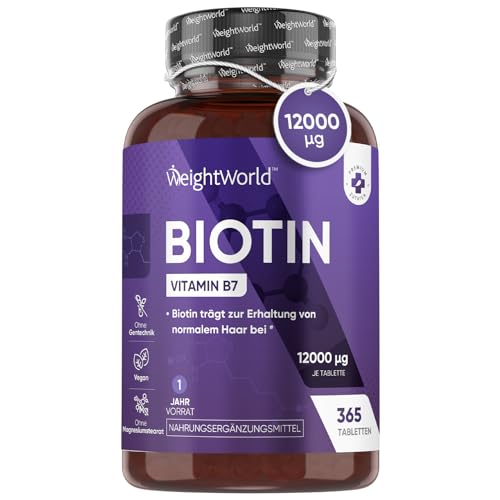 Biotin Tabletten - 12.000mcg reines Biotin für Haarwuchs, Haut & Bartwuchs - 365 vegane Tablets für 1 Jahr Vorrat - Vitamin B7 - D-Biotin (Vitamin H) für Frauen und Männer - Von WeightWorld