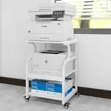 PUNCIA Druckertisch höhenverstellbar 3-stöckiger Druckerständer 60 x 50 cm mit Rollen Mobiler Druckwagen aus Holz & Metall Druckerhalter für Großen Drucker weiß für Arbeitszimmer Büro Office