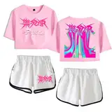 Flyself Unisex Kpop Stray Kids T-Shirts und Hosen Anzug Damen Mädchen 2023 Neues Album 樂-Star Rock Star Kurzarm T-Shirt & Kurze Hose 2 Stücke Set