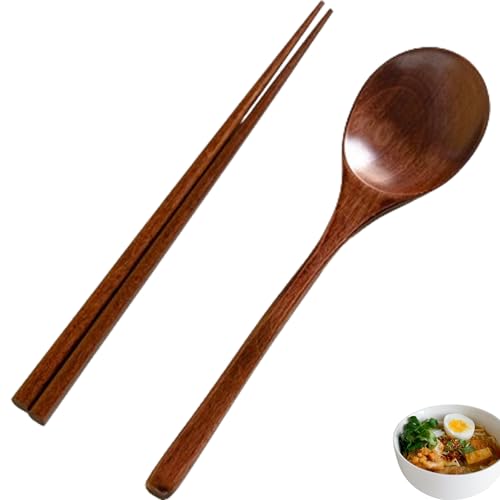 2 Stücke Essstäbchen Und Löffel Set -aus Holz, Asiatischer Suppenlöffel, Japanische Ramen Löffel, Wiederverwendbare Essstäbchen Holz, Servierlöffel, Esslöffel, Holzgeschirr Küche (23.5cm)