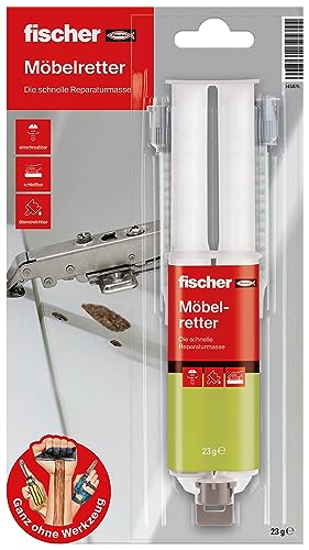 fischer Möbelretter, Holzspachtel in Beige, Reparaturmasse für ausgerissene Scharniere & Dübel, geeignet für Holz & Plattenbaustoffe, 23 g (25 ml)