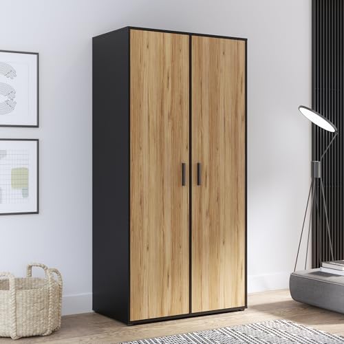 FORTE MOKKARO Kleiderschrank 95, Industrial-Stil Schrank mit 2 Türen, Holzwerkstoff, Eiche Dekor/Schwarz, 94,7 cm breit, 190,5 cm hoch, 52,7 cm tief