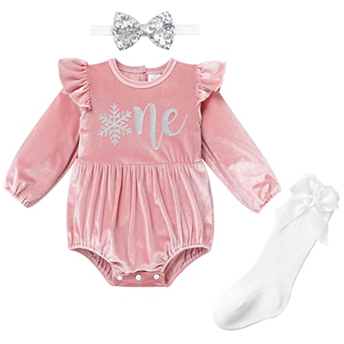 Odizli 1 Geburtstag Mädchen Outfit Samt Langarm Strampler Body Overall+Socken+Stirnband Herbst Winter Kleidung Baby Fotoshooting Babykleidung Babysachen Set Rosa Schneeflocke One 12-18 Monate