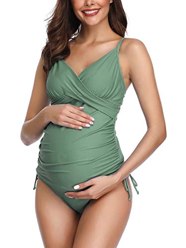 Solide Schwangerschafts Badeanzug Retro Pflaume Wrap Front Tankini Armeegrün L