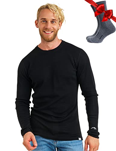 100% Merino Unterwäsche Herren - Merino Langarmshirt Herren Atmungsaktiv Und Feuchtigkeitsableitend Schwer + Wollsocken (Medium, 320 Black)