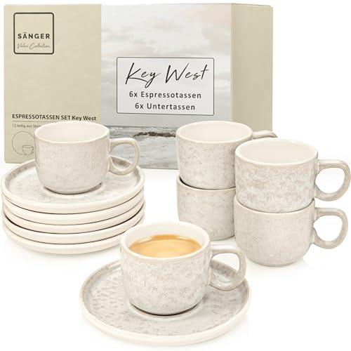 Sänger Key West | Espressotassen Set Steingut 12 teilig, Mokka Tassen Set 6 Personen, Tassen & Untertassen - spülmaschinen- & mikrowellenfest - Creme mit sandiger Maserung 80 ml | VALUE COLLECTION
