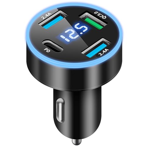 4-Port USB Zigarettenanzünder Adapter, 50W Auto Ladegerät Zigarettenanzünder QC3.0 USB Schnellladegerät PD20W 12V USB C Autoladegerät Zigarettenanzünder mit LED Voltmeter für iPhone, Android, Samsung