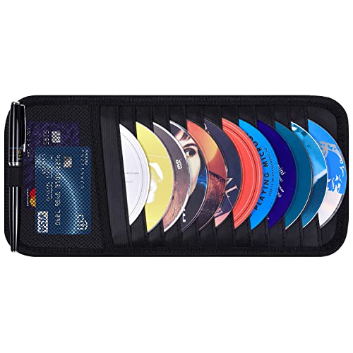 Auto CD Hülle Halterung, Wisdompro Fahrzeug Sonnenblende Organizer für Autos mit 12 DVD-Aufbewahrungshüllen, 1 Netztasche, 1 Stifthalter und Gummiband (Schwarz)