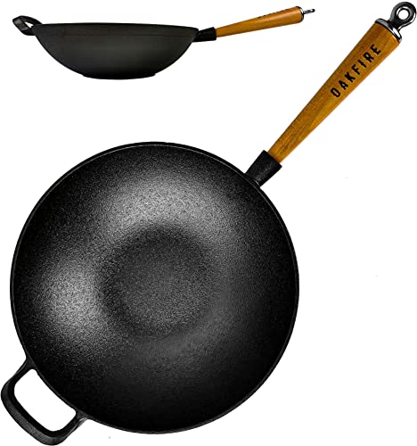 Oakfire Wokpfanne Gusseisen Induktion 31cm Groß Grill Wok Pfanne Holzgriff Cast Iron mit Non-Stick Patina