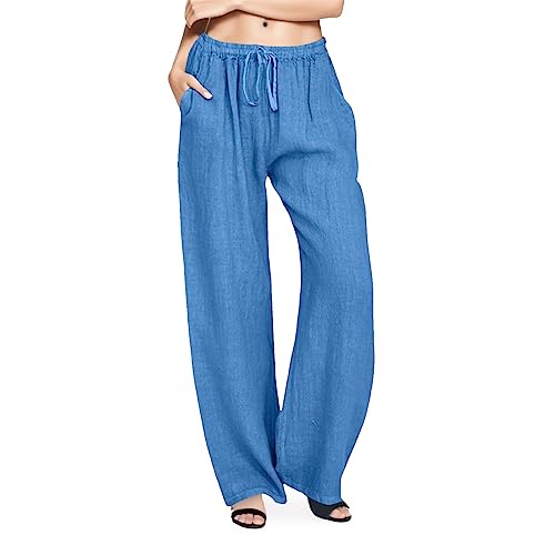 Damen Leicht Sommerhose Casual Hose Baumwolle Leinenhose Stoffhose Bequeme Luftige Freizeithose Strandhose Yogahose Breite Hosen Taille Lange Kordelzug Lässige Elastische Bein Solide 73