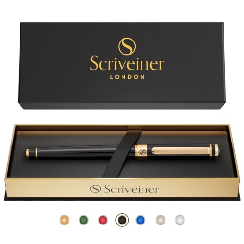 Scriveiner Tintenroller, schwarz, lackiert, 24 Karat Gold-Finish, nachfüllbar, schönes Geschenk für Damen und Herren, mit Box, professionelles Bürozubehör