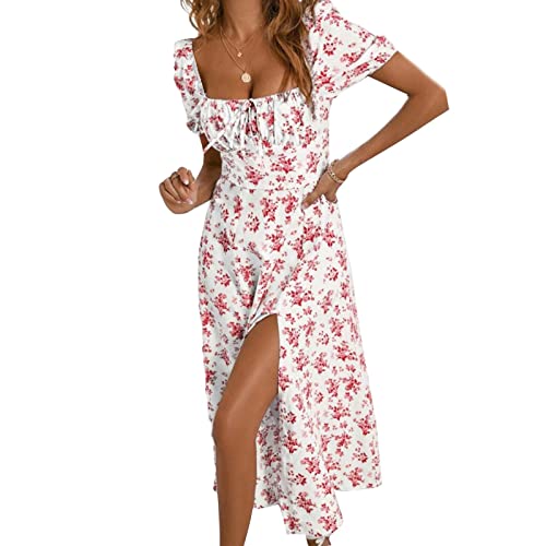 Sommerkleid Damen Midi Elegant Blumen Gesmoktes Kleid mit Schlitz Korsett Kleider Damen Sommer Geblümt Corset Strandkleid Damen A Linie Boho Sommerkleider Damen Leicht Und Luftig Blumenkleid