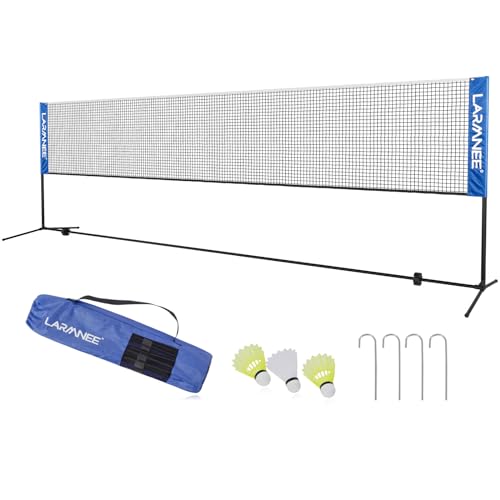 LARMNEEBadmintonnetz, 5 m Federballnetz, Volleyballnetz, Tennisnetz, höhenverstellbar Tragbares Sportnetz, Indoor Outdoor Badminton Netz Set mit Netz, Gestell, Tragetasche ELB05BN02