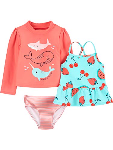 Simple Joys by Carter's Baby-Mädchen 3-Piece Assorted Rashguard Set, Orange Meereswelt/Rot Früchte/Streifen, 3 Jahre