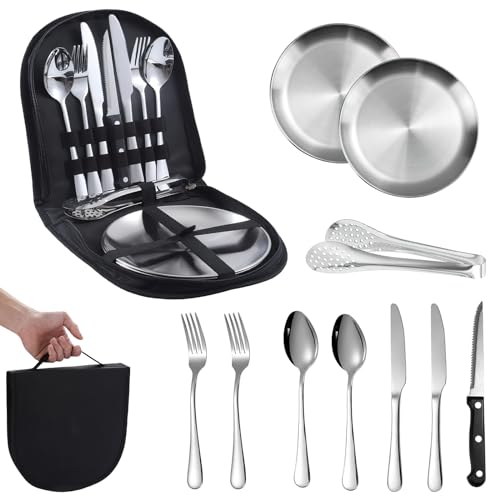 10 Stück Camping Geschirr Set 2 Personen, shallyong Camping Teller Set, Picknick Besteck Edelstahl, Portable Outdoor Besteck Campingbesteck Set mit Reißverschluss Bestecktaschen für Reisen