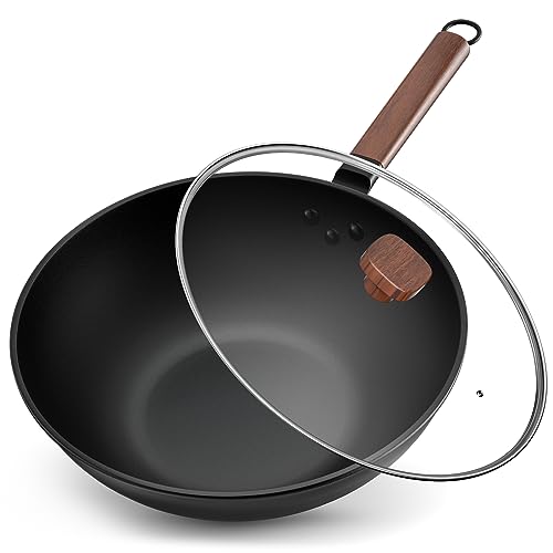 Jobin 33cm/5,6L Wokpfanne mit Deckel Wok aus Kohlenstoffstahl Ohne Chemische Beschichtung und zum Kochen von Asiatischen Gerichten für 4-6 Personen, Induktion, Elektro, Gas