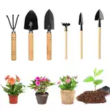 Mini Gartenwerkzeug Set, 6 Stück Gartenschaufel Klein Gartengeräte Set, Mini Pflanze Gartengeräte Mini Holzgriff Handheld Mini Schaufel Spaten Rechen Gartenset Werkzeug für Bonsai