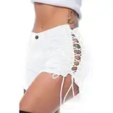 OULIWANGLUO Damen Sexy Slim Denim Shorts für Nachtclub Clubwear Kordelzug Hot Pants Denim Kurze Hose Hohe Taille Kurze Jeans für Frauen (Weiß2,XXL)