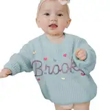 REQTYUI Personalisierter Baby Strickpullover mit gesticktem Namen, Kleinkinder Crewneck Langarm Pullover Sweatshirt (DE/NL/SE/PL, Alter, 0 Monate, 6 Monate, Eisblau (Ice Blue))