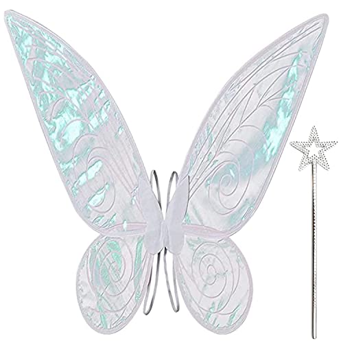 Feenflügel Kinder Schmetterlingsflügel Elfenflügel Damen, Weiße Feen Flügel Karneval mit Sternenstab, Glitzernde Schiere Flügel für Kostüm Verkleiden, Cosplay ＆ Party Gunst