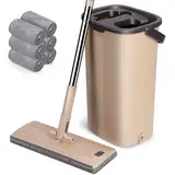 MASTERTOP Wischmopp Set mit Eimer, 2 in 1 Bodenwischer mit Einstellbar Edelstahlgriff und 6 Mikrofaser Moppkopf, Hand-Frei Wischmop & Putzeimer mit auswringfunktion für Hartholz Laminat Fliesen
