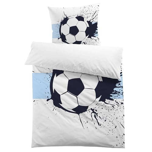 MUSOLEI Fussball Bettwäsche 135x200 Jungen Mikrofaser-Polyester 2-teilige Kinderbettwäsche Fussball 3D Druck für Jungen Fußball Bettbezug 135x200 und 1 Kissenbezug 80x80cm Kinder, blau