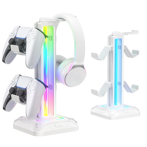 KDD Headset Halterung RGB mit 9 Lichtmodi - Controller Halter Schreibtisch - Drehbarer Gaming Kopfhörer Ständer & Abnehmbarer Controller Haken für Gamer PC Xbox ONE PS5 Gaming Zubehör (Weiß)