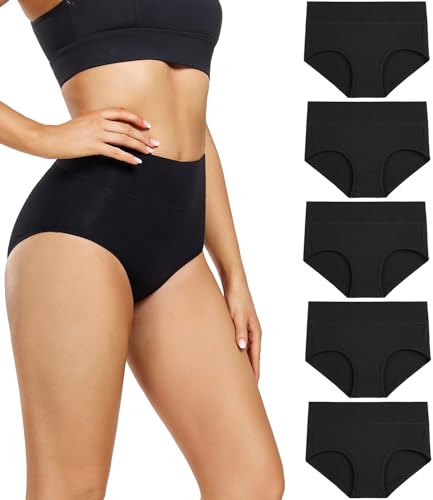 wirarpa Damen Unterhosen Baumwolle Slips Damen Hoher Taille Atmungsaktive Taillenslip Wochenbett Unterwäsche Mehrpack Größen 32-58, Schwarz-5er Pack, Large (42/44)