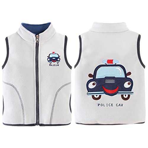 ANIMQUE Baby Kinder Fleeceweste Jungen Mädchen Polar Fleece Weste Stehkragen Reißverschluss Ärmellose Kinderjacke Cartoon Muster, Polizeiauto Grau 110