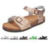 Torotto Kinder Sandalen Mit Kork Sandaletten Jungen Mädchen Strandsandalen Riemen Verstellbare Schnalle Rutschfeste mit Klettverschluss Riemchensandalen für Drinnen und Draußen(Gold, 33EU)