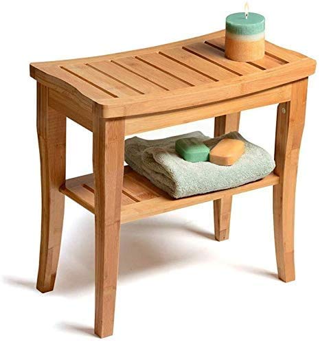 NZDY Home Essentials, Duschhocker Aus Hölzernem Bambus Mit Aufbewahrungsregal Rutschfeste Bank Behinderte Badeanlage Für Schwangere 48 * 25,5 * 43 cm