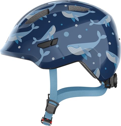 ABUS Kinderhelm Smiley 3.0 - Fahrradhelm mit tiefer Passform, kindergerechten Designs & Platz für einen Zopf - für Mädchen und Jungs - Blau mit Wal-Muster, Größe S