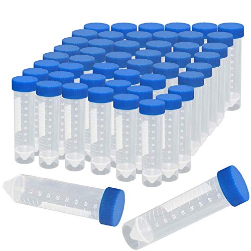 BITEFU 50pcs 50ml Reagenzglas Kunststoff Zentrifugenröhrchen, mit Schraubverschluss und Abgestuften Probenbehälter für Labor Chemie Experimente,Konische + Flachboden