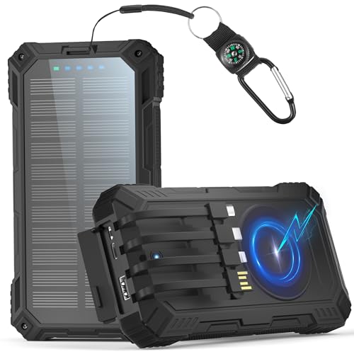 Solar Powerbank 56800mAh, 30W PD 3.0A USB C Power Bank Schnellladen mit 4 Kabeln, 3 Port (2 USB & 1 Type-c), 15W Wireless Charger, LED Leuchtanzeigen, Taschenlampe, Externe Handy-Akkus für Smartphone