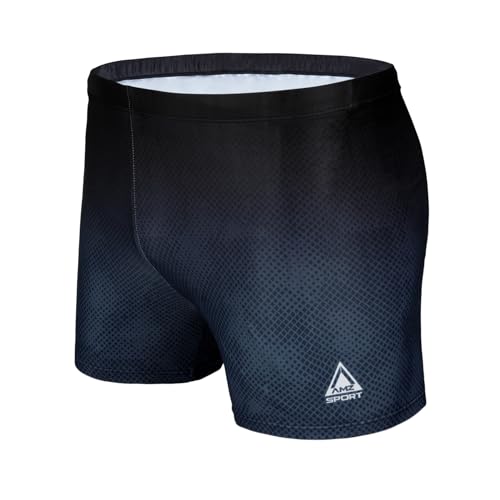 AMZSPORT Badehose Herren Kurz Schwimmhose Eng Wassersport Badeshorts mit Tunnelzug, Schwarz L