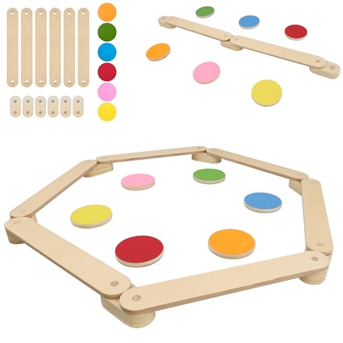 XMTECH 12 tlg. Hölz Kinder Schwebebalken Balancierbalken mit 6 Balanciersteine frei kombinierbar, Balancier-Set für 3-7 Years Kinder, Montessori-Spielzeug, Indoor und Outdoor
