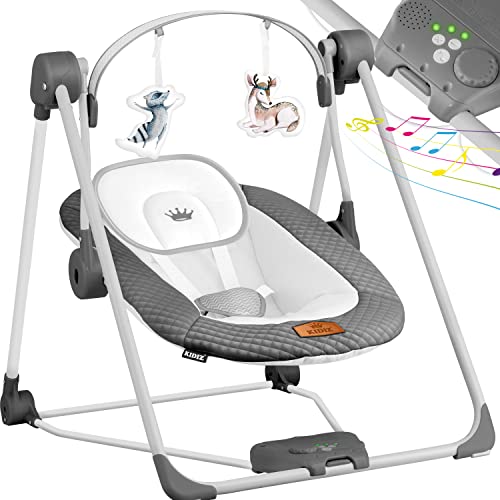 KIDIZ® Babywippe Babyschaukel mit 5 Geschwindigkeitseinstellungen zusammenklappbarer Baby Wippe Schaukel Babyhochstuhl mit Spielbogen Spielzeugen 5 beruhigende Naturgeräusche Anthrazit