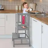 COSYLAND Lernturm für Kinder - Natürlicher Bambus, Stylisch Mit Kippschutz, Höchste Sicherheit, Montessori Ab 1 Jahr für Küche, Tisch, Bad (Grau)