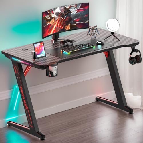 Gaming Schreibtisch mit Led 120x60cm,Z-Frame Gaming Tisch mit Kohlefaserbeschichtung,Getränkehalter,Kopfhörer Haken,Computertisch PC,Stabiler Gamer Tisch Ergonomischer für Home Office,Arbeitstisch